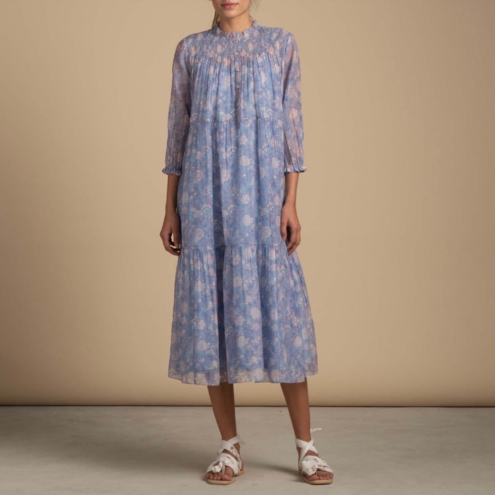 Buna Studio Tara Floral Ruffle Smocked Tiered Chanderi Silk Cotton Dress Size S
